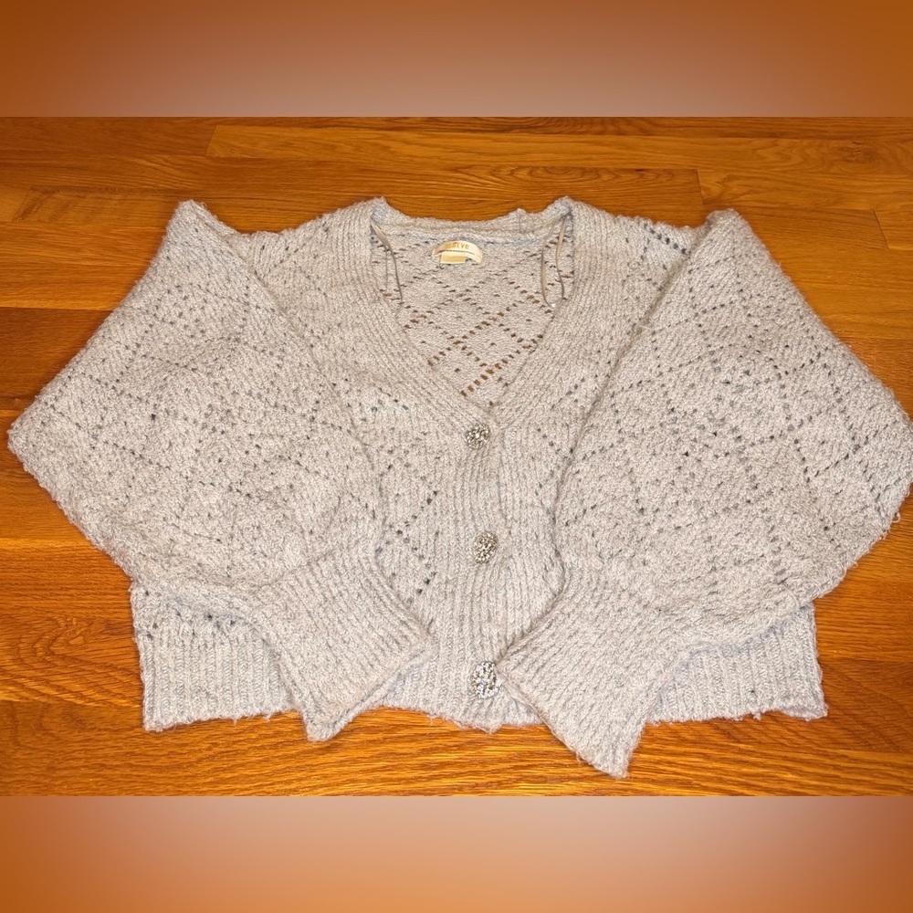 Maeve Pointelle Knit Cardigan Sweater Gray | Crystal Buttons | Size XSmall